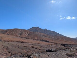 View of huge mountain range. dry arid landscape in central Fuerteventura, Spain 