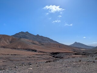 View of huge mountain range. dry arid landscape in central Fuerteventura, Spain 