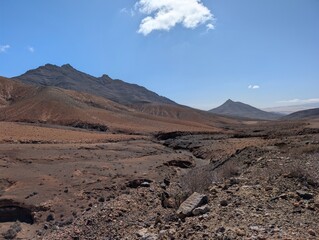 View of huge mountain range. dry arid landscape in central Fuerteventura, Spain 
