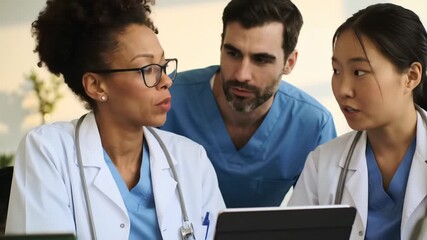 Three healthcare professionals, two doctors and a nurse, intently discussing patient cases and treatment plans, showcasing collaborative medical teamwork in a clinical environment - Powered by Adobe
