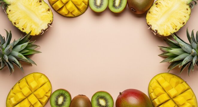 Fresh fruit arrangement pineapple mango kiwi on neutral background copy space overhead view