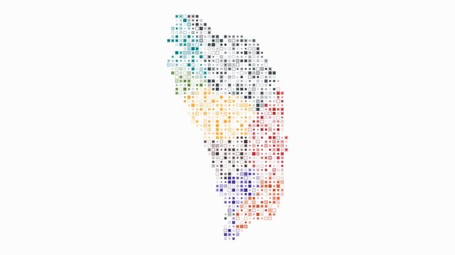 Dominica map animation. Shape of the country with pulsating colored dots. Small size square blocks. Digital style Dominica map on white background. Creative video.