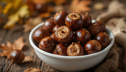 Roasted chestnuts in a bowl on white background