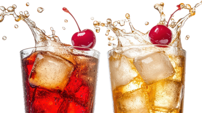 Two refreshing cocktails with cherries and ice splashes isolated on transparent background
