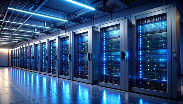 Data Fortress: A futuristic data center, glowing with the technological prowess of modern infrastructure, safeguarding critical information within its secure walls.