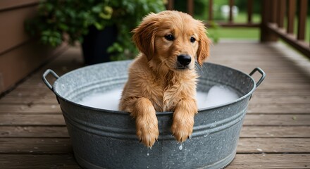 Golden Retriever puppy enjoys a bubble bath in a galvanized metal tub outdoors