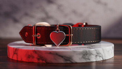 Firefly dog collar mockup with metallic heart shaped tag, elegant brown leather, gold buckle, displayed on marble podium, luxury pet accessory, modern style