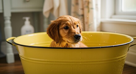 Golden puppy bathing in a yellow tub with water droplets