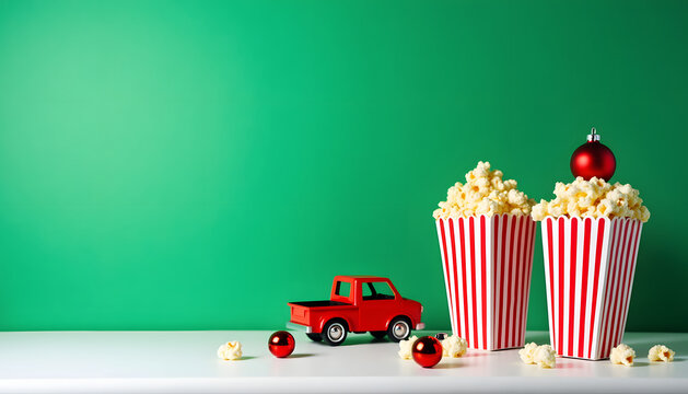 Festive Christmas popcorn with red truck and ornaments on a green background