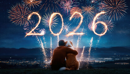 Man and dog hugging while watching fireworks forming 2026 above cityscape at night, joyful and emotional celebration, festive atmosphere, companionship, happiness, new year