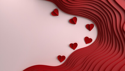 Red heart paper cut layered wave pattern on pastel pink background, romantic and elegant design for love, valentine, or wedding themes, with soft and joyful mood