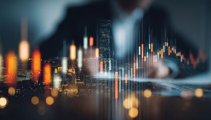 Analyzing Stock Market And Financial Investments Through Double Exposure Of Businessman, Bank Office, And Buildings With Stock Market And Forex Graphs On Virtual Screen.