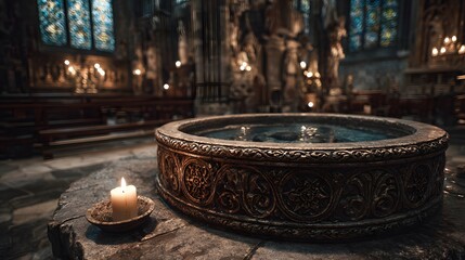 Ornate stone baptismal font stands in an old church with a dimly lit interior and stained glass window background for a spiritual atmosphere.