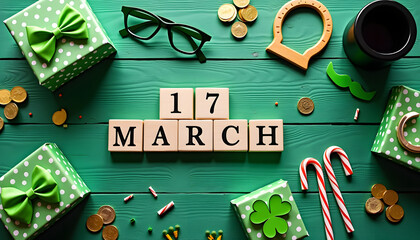 St Patrick's Day celebration with gifts, gold coins, and festive decorations