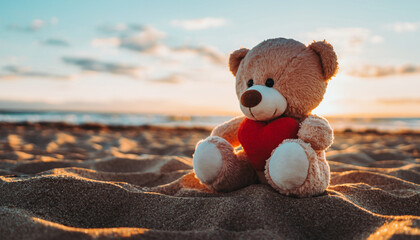 Teddy bear with heart sitting on sandy beach at sunset warm light emotional travel moment soft toy relaxation peaceful atmosphere vacation love outdoors