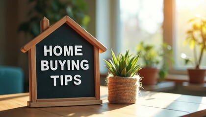 Small house shaped chalkboard with home buying tips next to potted plant on wooden table. Indoor scene with plants near window. Guidance for prospective homeowners in cozy setting with natural light.