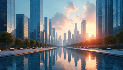 Modern city skyline with tall glass skyscrapers reflecting in a long calm water channel. Trees and lounge chairs line the walkway next to the water. Clear sky with soft clouds at sunset.