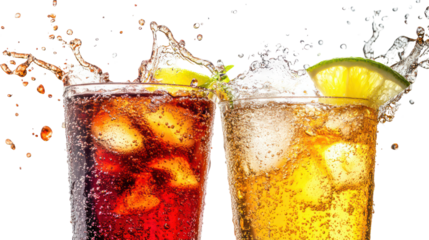 Two refreshing cocktails with ice and lime isolated on transparent background