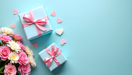 Gift boxes with pink ribbons, flowers, and hearts on a pastel blue background