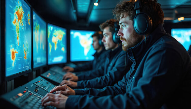 Team of male scientists work in control room. Analyze ocean floor maps on multiple computer monitors. Operators wear headphones, using tech to survey sea depths, global data. Crew conducts deep