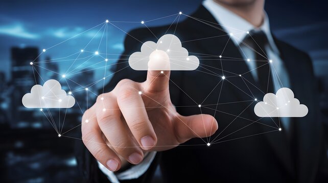 Businessman touching a futuristic digital interface with cloud computing icons - Powered by Adobe