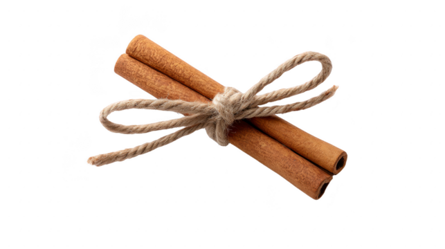 Two cinnamon sticks tied with rustic twine, isolated on transparency background, aromatic and natural, perfect for culinary, festive, or decorative use