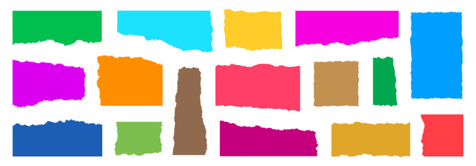 Torn paper pieces set, colorful ripped paper frame, ragged memory sheets with uneven edges, ripped fragments of blank notebook pages, collage craft shape and torned sheets, checkered edges