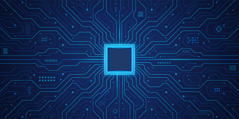 Processor CPU with glowing neon frame on circuit board. Digital AI chip tech semiconductor pattern. Big data backdrop. Technology artificial intelligence innovation web banner - vector