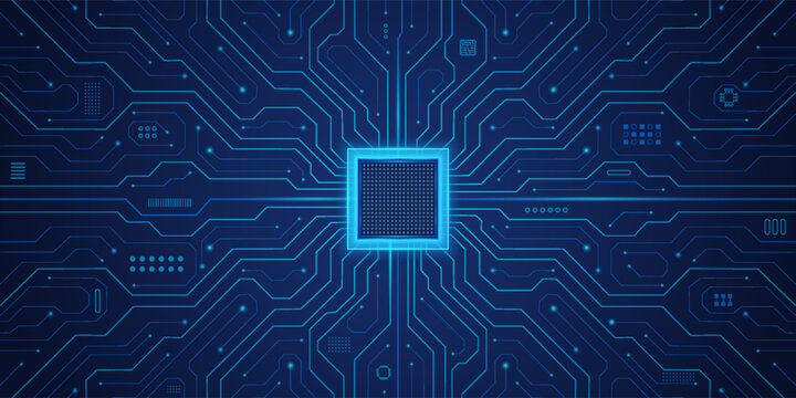 Processor CPU with glowing neon frame on circuit board. Digital AI chip tech semiconductor pattern. Big data backdrop. Technology artificial intelligence innovation web banner - vector