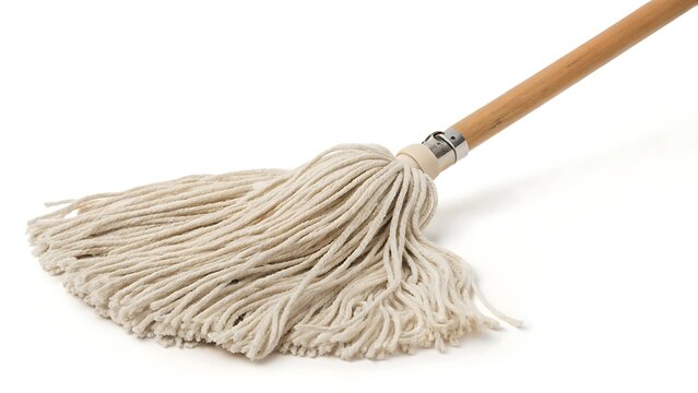 Cotton string mop with wooden handle cut out with shadow. AI GENERATED.