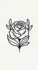 Elegant Rose Blossom with Leaves in Black and White Outline.