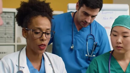 Medical professionals collaborating during a healthcare meeting, reviewing data and reports in a hospital setting - Powered by Adobe