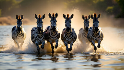 Fototapeta premium Zebras Running Through Water at Sunset, Capturing the Beauty of African Wildlife