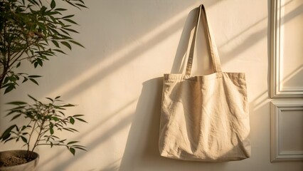 Eco-Friendly Canvas Tote Bag with Natural Wrinkles Hanging Against Soft Wall Lighting for Sustainable Branding and Merchandise Display