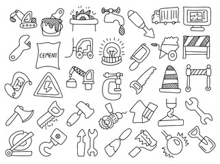 Hand drawn construction and tools icon set, doodle building equipment, engineering tools, repair symbols, industrial machinery, safety signs, handyman and workshop illustration pack
