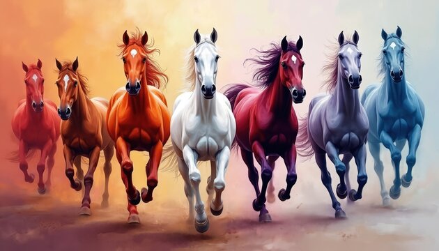Illustration presents seven horses in full gallop. These animals feature vibrant colors like red brown white purple blue. The image evokes motion energy. Ideal for artwork design projects.