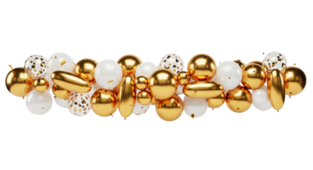 Lavish asymmetric horizontal banner of highly reflective metallic gold and pearlescent white balloons on a transparent backdrop. Concept for luxury commercial event design