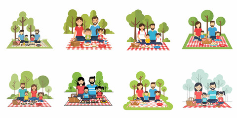 Cartoon collection of families enjoying a summer picnic in the park with basket, food, and checkered blanket illustrations.
