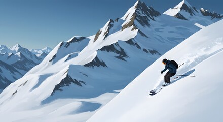 Illustration of a skier carving down a snow-covered mountain, surrounded by others, on a bright day