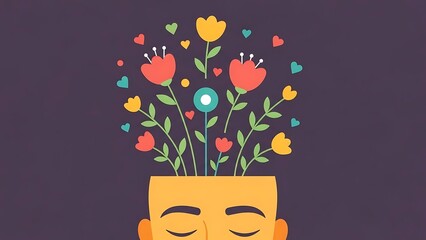 Mindfulness concept: Colorful flowers and hearts blooming from an open head silhouette