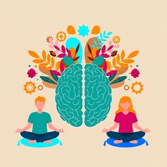 Mindfulness concept with man and woman meditating balancing logic and nature within the brain