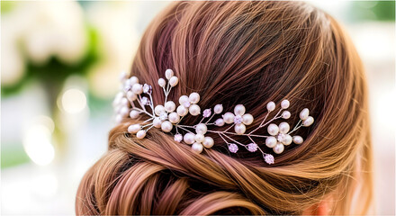 Elegant Pearl Hair Accessory Woven Into Soft Brown Hairstyle for Wedding or Special Occasion