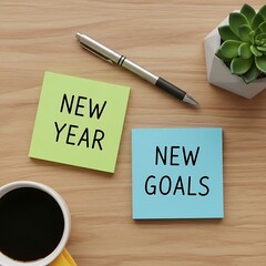 New Year New Goals written on colorful sticky notes on a light wooden desk with coffee and plant