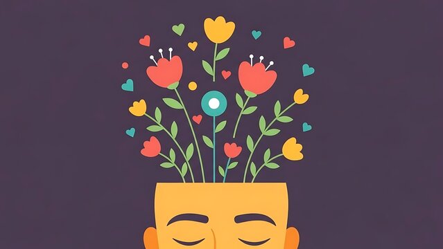 Mindfulness concept: Colorful flowers and hearts blooming from an open head silhouette