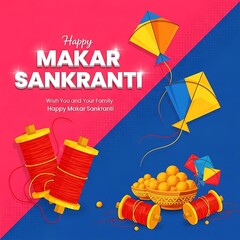 Vibrant Graphic for Happy Makar Sankranti Festival with Kites, Thread Spools, and Sweets