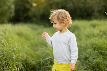 Curious toddler exploring tall grass while holding a plant stem. Soft natural light, candid outdoor moment capturing real childhood discovery and movement.