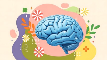 Vibrant illustration of a stylized blue human brain surrounded by abstract floral and nature elements for mental health awareness.