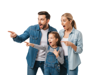 young caucasian family in casual denim expressing exaggerated shock, mouths open, hands raised, pointing, isolated against a seamless transparent studio backdrop maximizing copy space. humorous