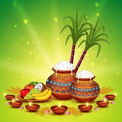 Vibrant Illustration of Pongal Festival Celebration with Cooking Pots, Sugarcane, and Fruits