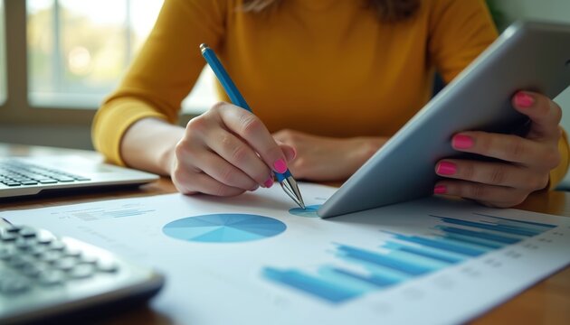 Woman reviews financial charts on tablet and paper. She uses pen to point at data, planning budget with laptop computer nearby. Person analyzes stats for better investment results. - Powered by Adobe